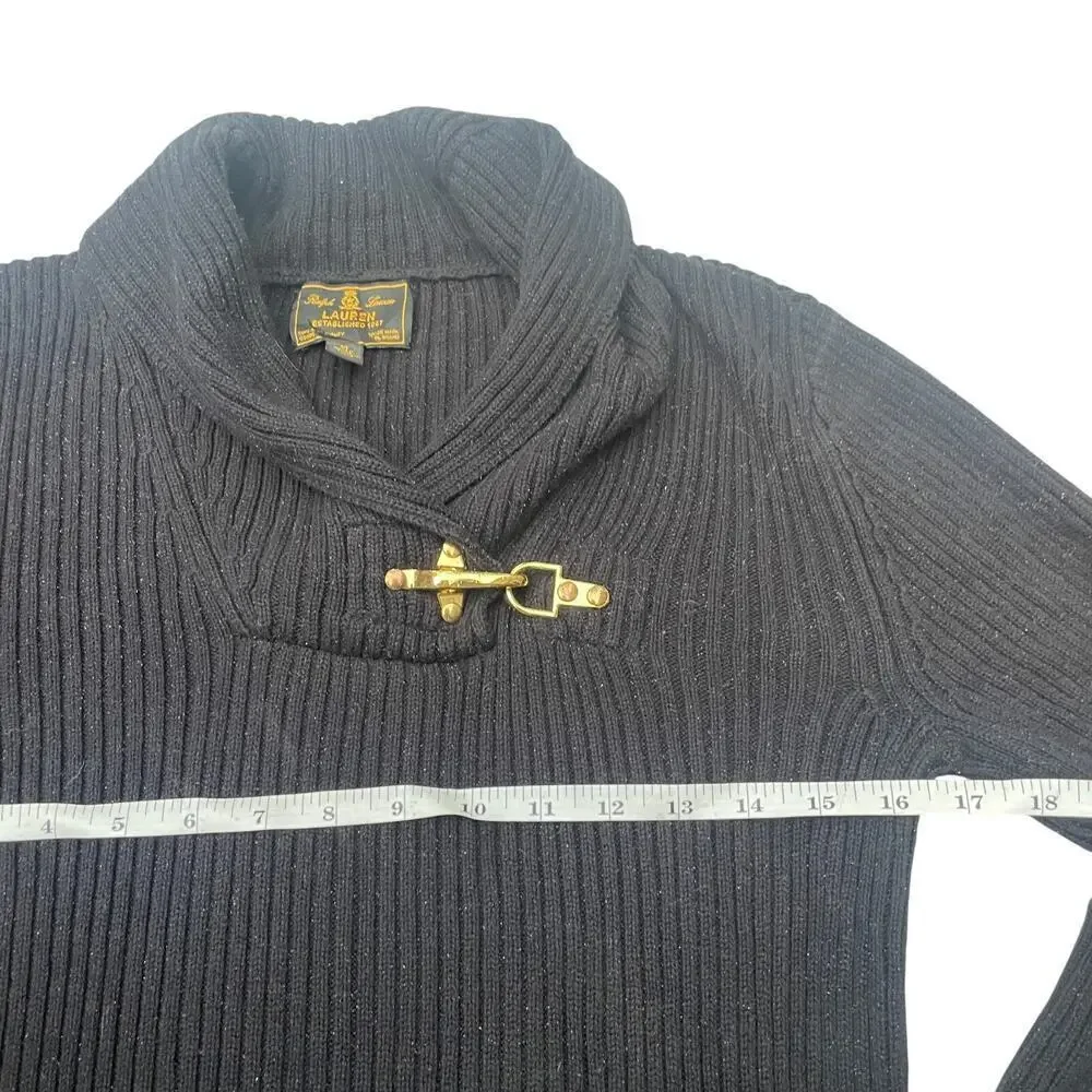 Ralph Lauren Black Label Women’s Ribbed Shawl Collar Sweater M Gold Buckle Black